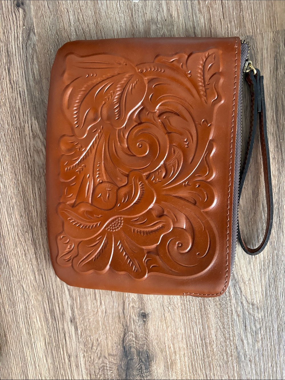 Patricia Nash Embossed Leather Wristlet Clutch - Cognac Brown